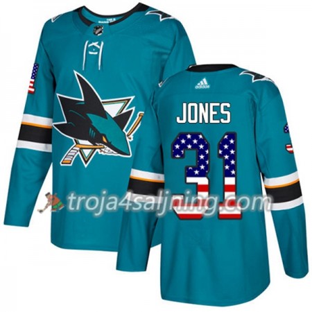 San Jose Sharks tröja Martin Jones 31 Adidas 2017-2018 Teal USA Flag Fashion Authentic - NHL Tröjor Herr